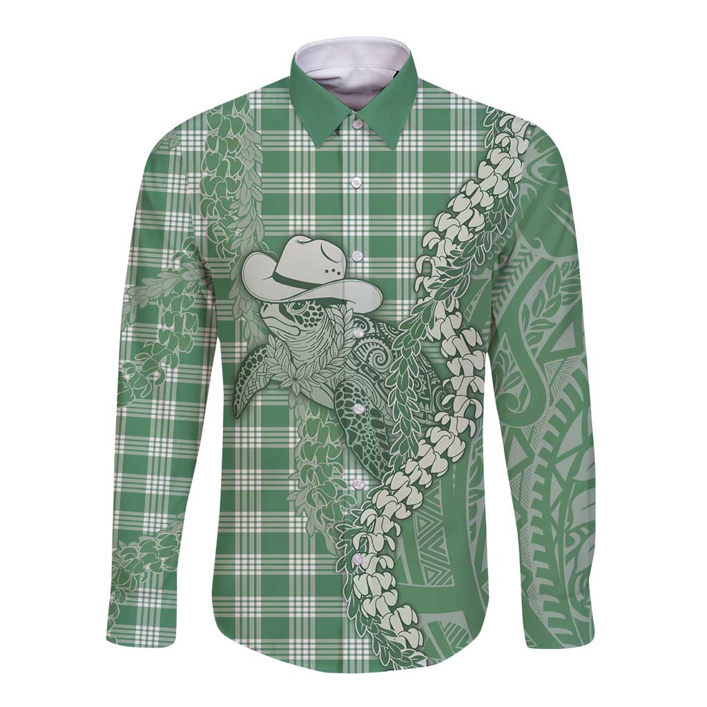 Green Hawaii Palaka Cowboy Turtle Long Sleeve Button Shirt Hawaiian Paniolo Puakenikeni Maile Lei DT05 Unisex Green - Polynesian Pride