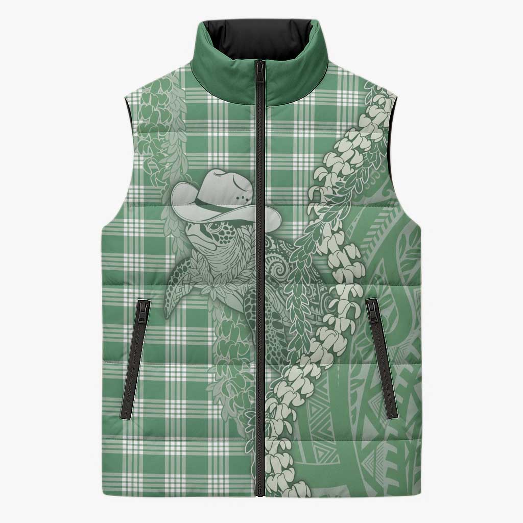 Green Hawaii Palaka Cowboy Turtle Sleeveless Puffer Jacket Hawaiian Paniolo Puakenikeni Maile Lei DT05 Unisex Green - Polynesian Pride