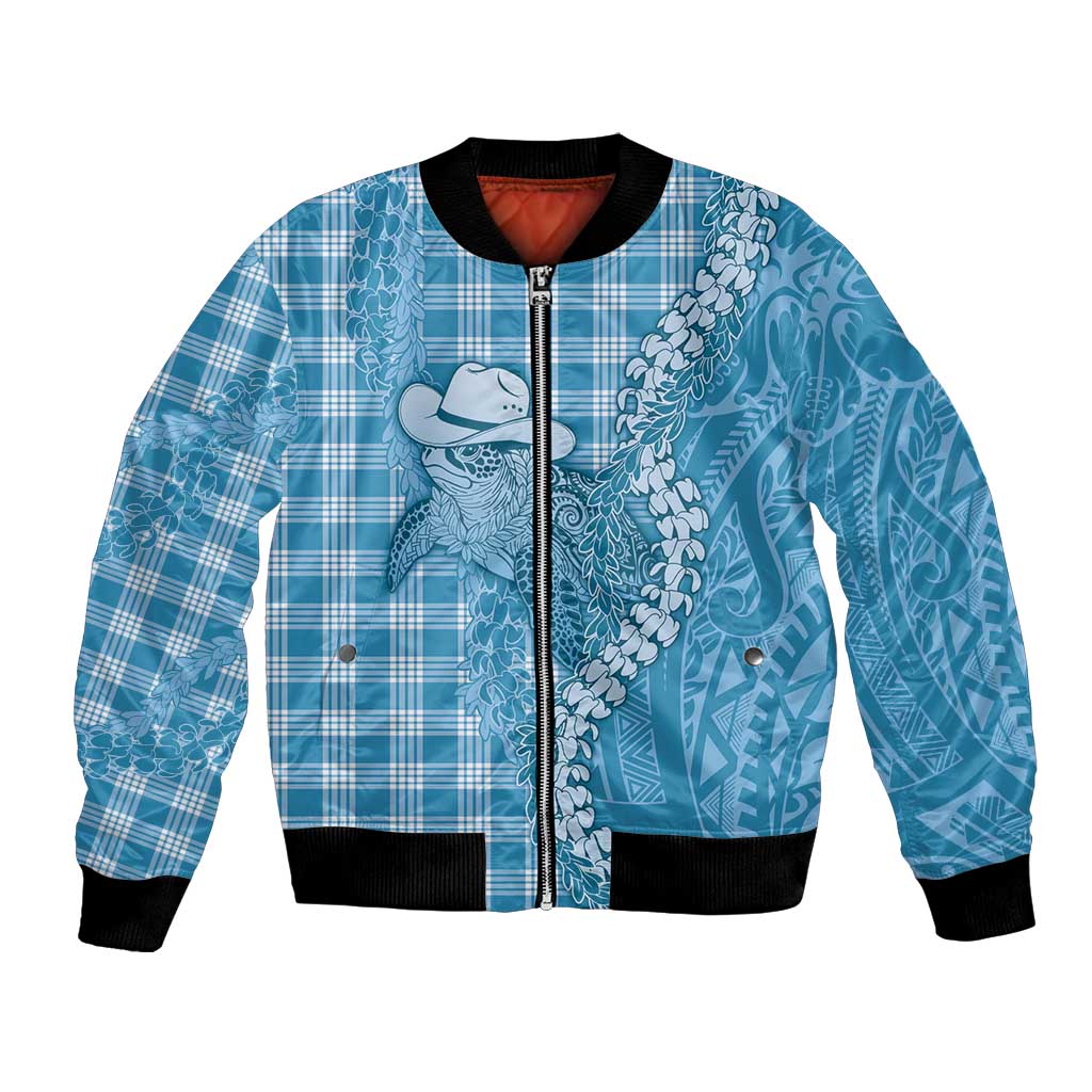 Blue Hawaii Palaka Cowboy Turtle Bomber Jacket Hawaiian Paniolo Puakenikeni Maile Lei DT05 Unisex Blue - Polynesian Pride
