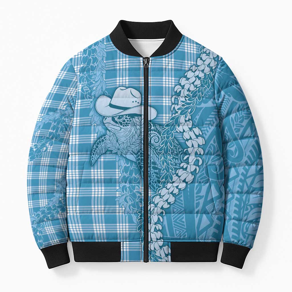 Blue Hawaii Palaka Cowboy Turtle Bomber Puffer Jacket Hawaiian Paniolo Puakenikeni Maile Lei DT05 Unisex Blue - Polynesian Pride