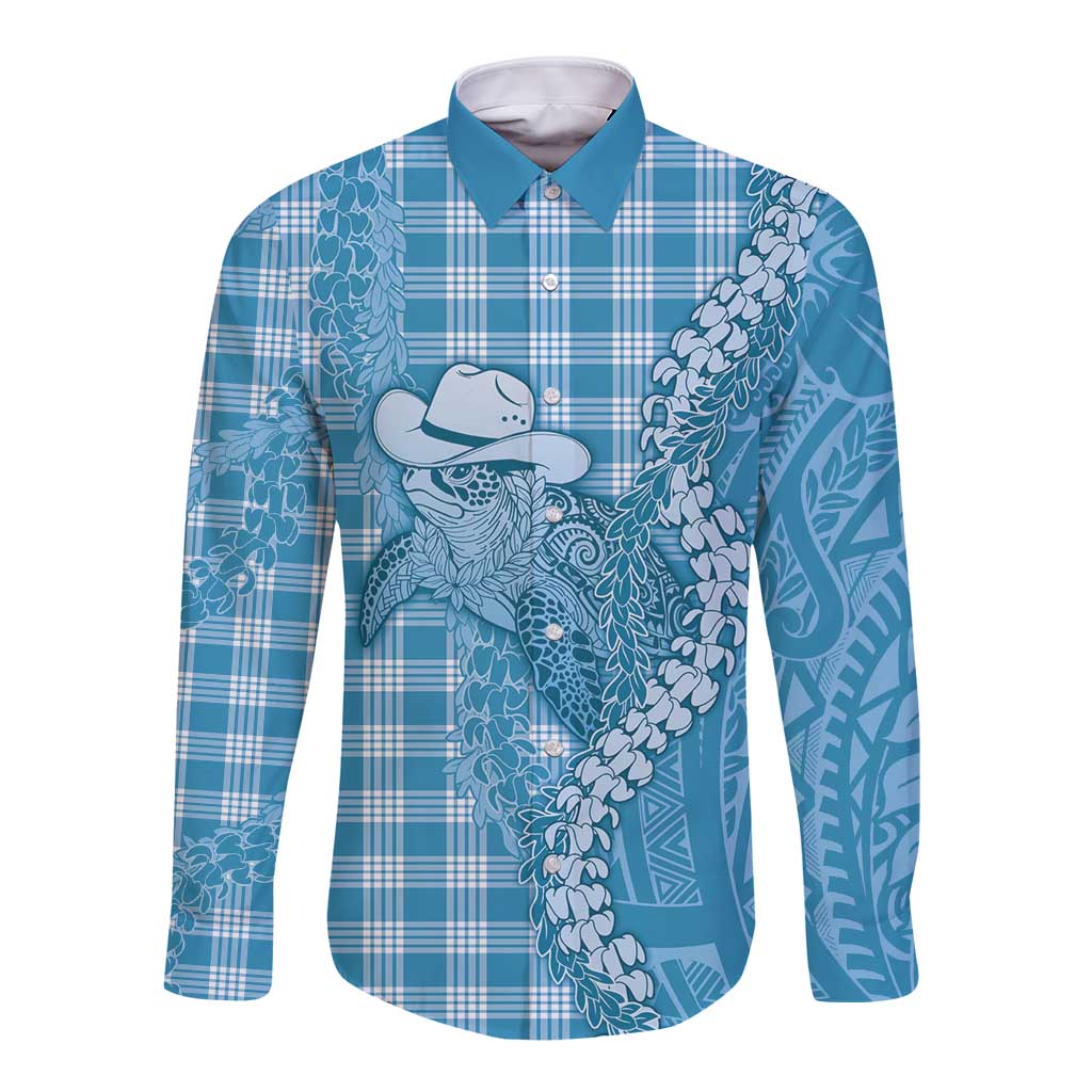 Blue Hawaii Palaka Cowboy Turtle Long Sleeve Button Shirt Hawaiian Paniolo Puakenikeni Maile Lei DT05 Unisex Blue - Polynesian Pride