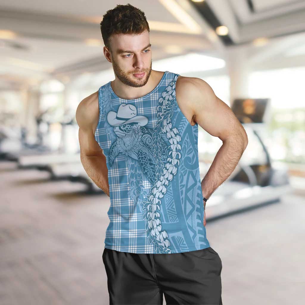 Blue Hawaii Palaka Cowboy Turtle Men Tank Top Hawaiian Paniolo Puakenikeni Maile Lei DT05 Blue - Polynesian Pride