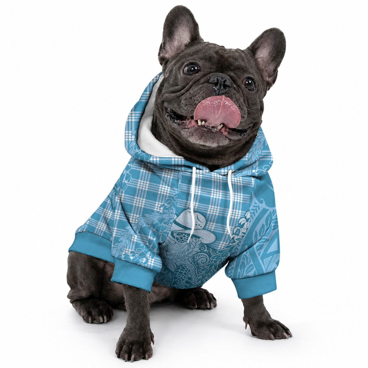 Blue Hawaii Palaka Cowboy Turtle Pet Hoodie Hawaiian Paniolo Puakenikeni Maile Lei