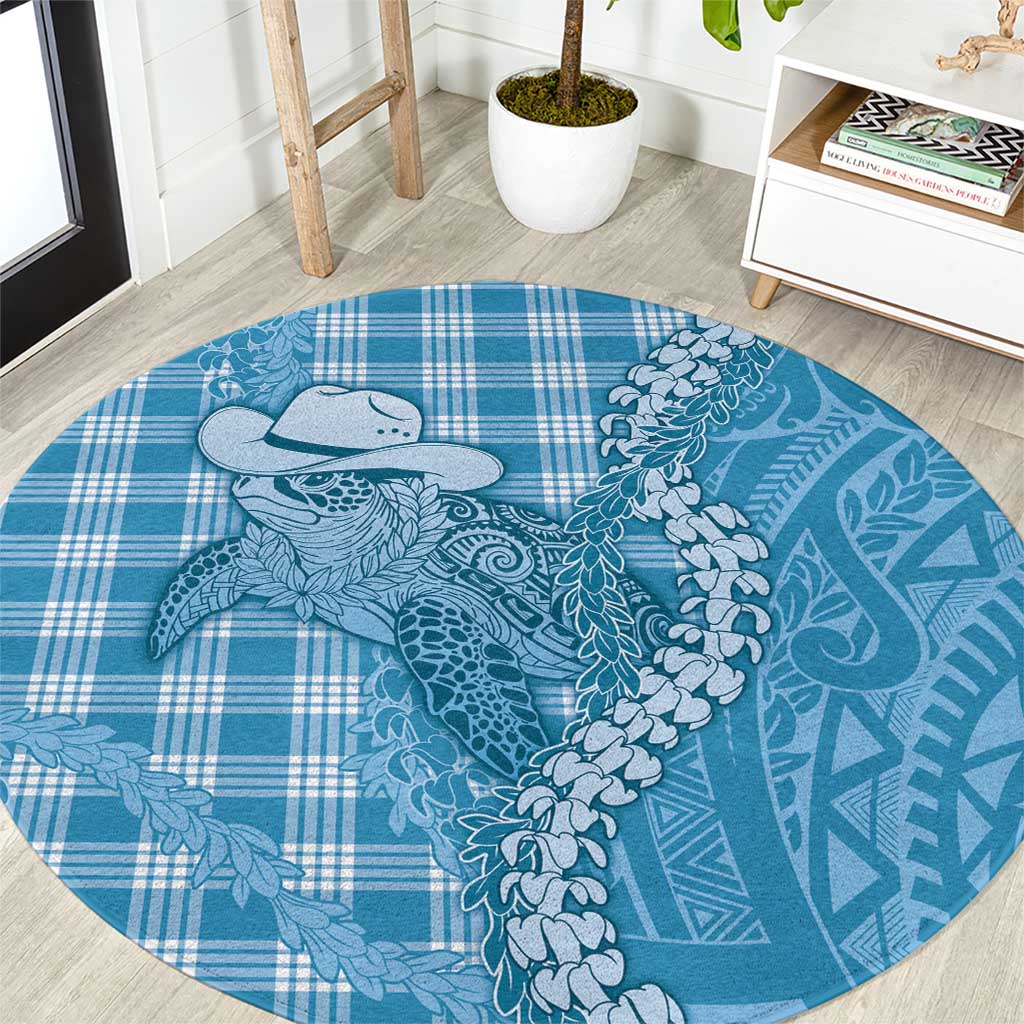 Blue Hawaii Palaka Cowboy Turtle Round Carpet Hawaiian Paniolo Puakenikeni Maile Lei DT05 Blue - Polynesian Pride