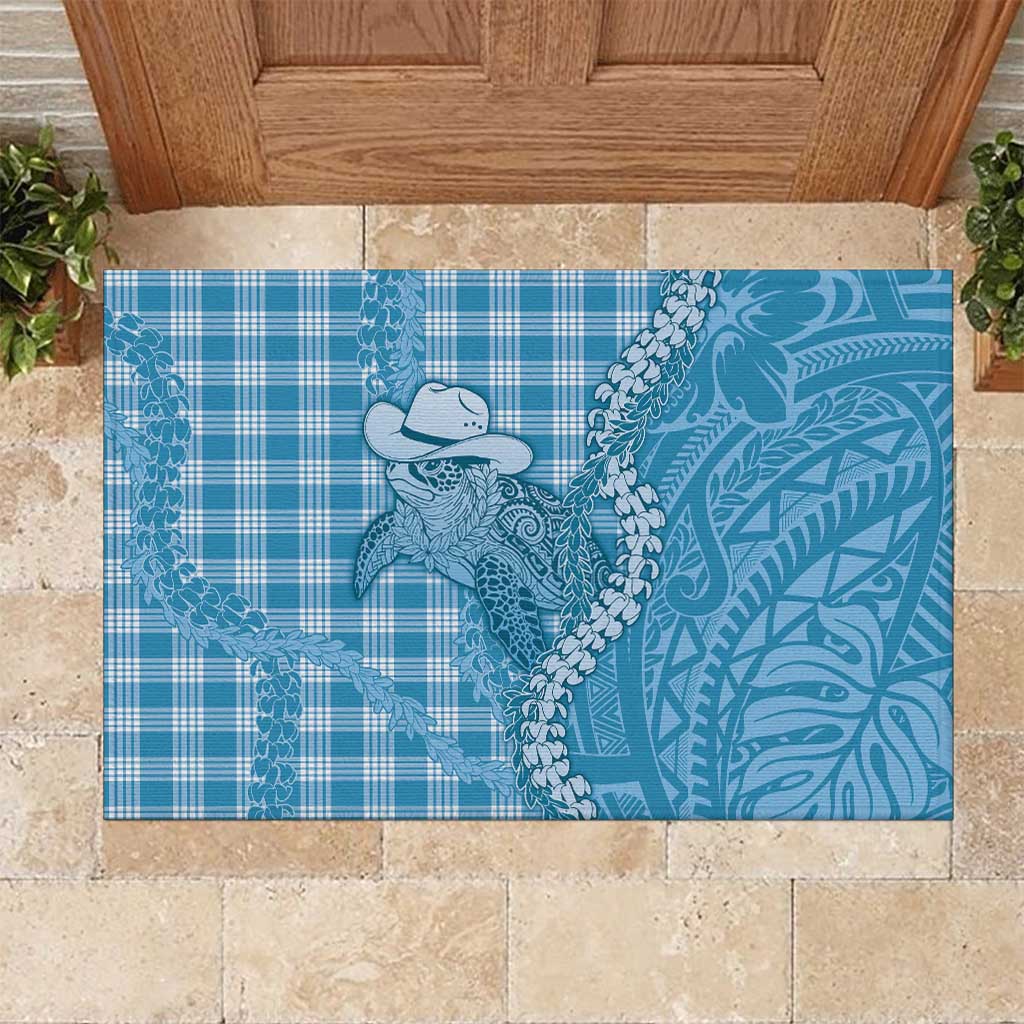 Blue Hawaii Palaka Cowboy Turtle Rubber Doormat Hawaiian Paniolo Puakenikeni Maile Lei DT05 Blue - Polynesian Pride