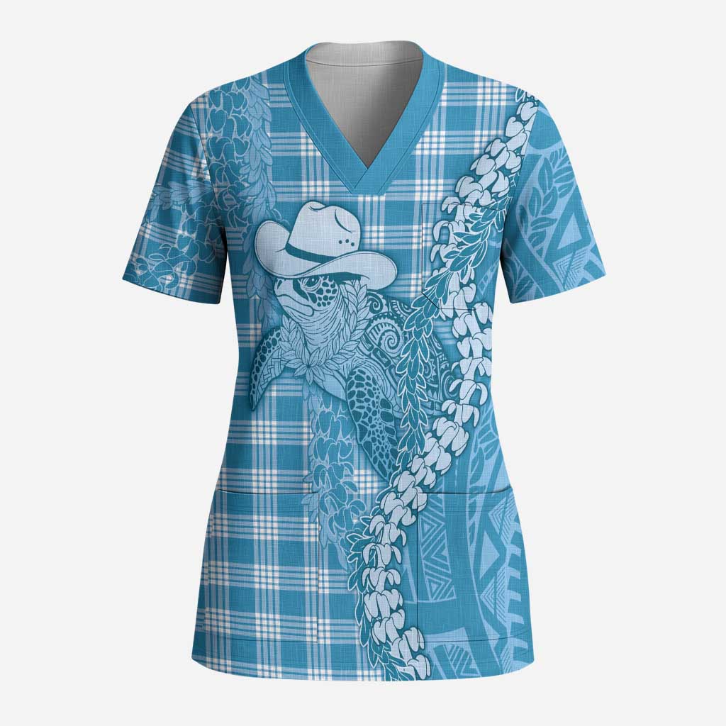 Blue Hawaii Palaka Cowboy Turtle Scrub Top Hawaiian Paniolo Puakenikeni Maile Lei DT05 Adult Blue - Polynesian Pride