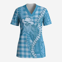 Blue Hawaii Palaka Cowboy Turtle Scrub Top Hawaiian Paniolo Puakenikeni Maile Lei DT05 Adult Blue - Polynesian Pride