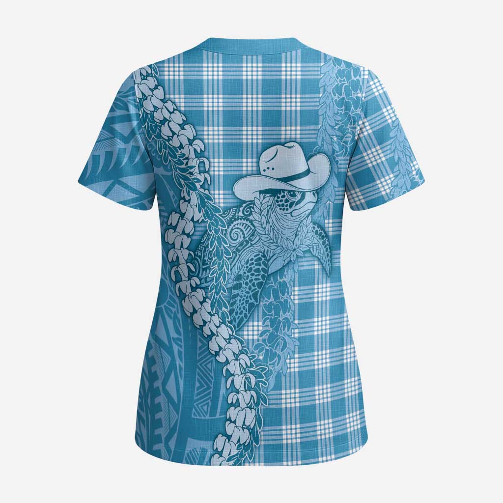 Blue Hawaii Palaka Cowboy Turtle Scrub Top Hawaiian Paniolo Puakenikeni Maile Lei DT05 - Polynesian Pride