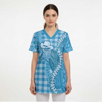 Blue Hawaii Palaka Cowboy Turtle Scrub Top Hawaiian Paniolo Puakenikeni Maile Lei DT05 - Polynesian Pride