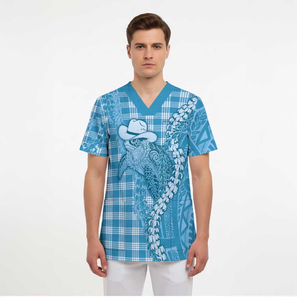 Blue Hawaii Palaka Cowboy Turtle Scrub Top Hawaiian Paniolo Puakenikeni Maile Lei DT05 - Polynesian Pride