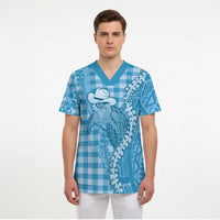 Blue Hawaii Palaka Cowboy Turtle Scrub Top Hawaiian Paniolo Puakenikeni Maile Lei DT05 - Polynesian Pride
