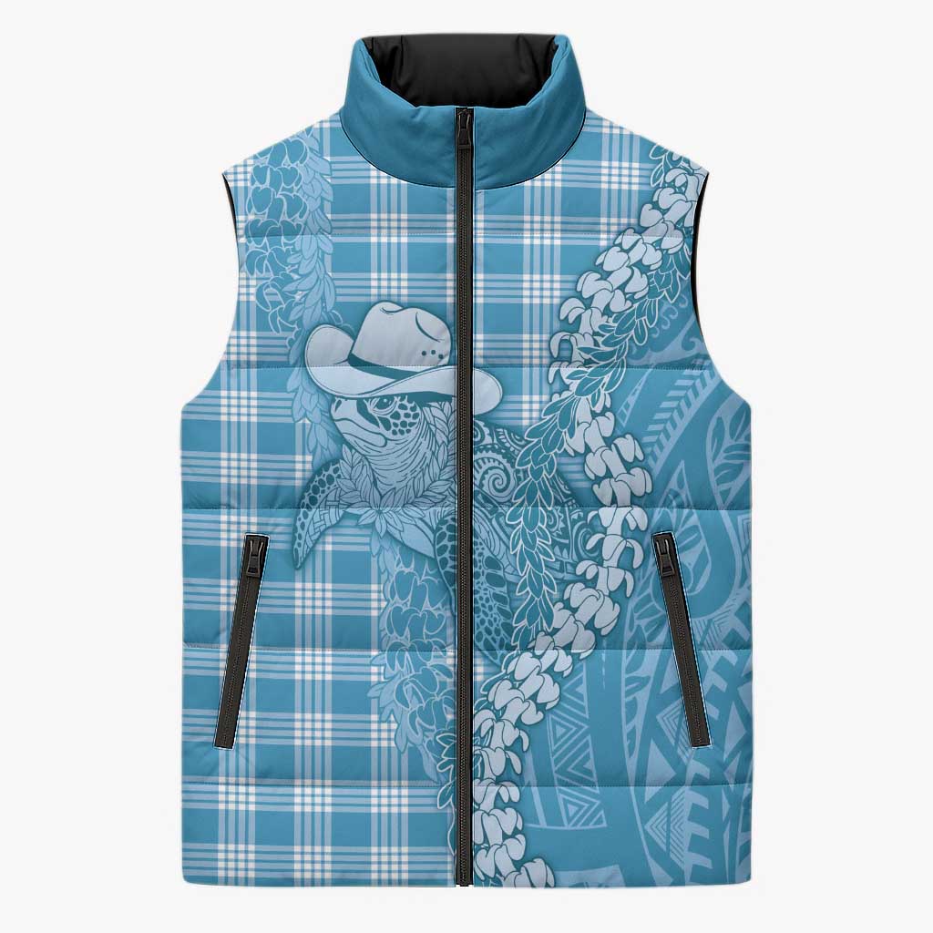 Blue Hawaii Palaka Cowboy Turtle Sleeveless Puffer Jacket Hawaiian Paniolo Puakenikeni Maile Lei DT05 Unisex Blue - Polynesian Pride