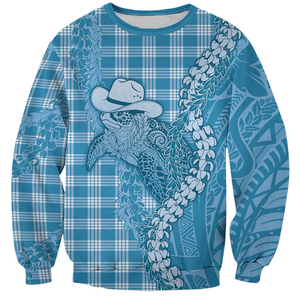 Blue Hawaii Palaka Cowboy Turtle Sweatshirt Hawaiian Paniolo Puakenikeni Maile Lei DT05 Unisex Blue - Polynesian Pride