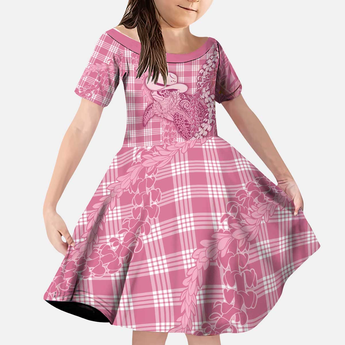 Pink Hawaii Palaka Cowboy Turtle Kid Short Sleeve Dress Hawaiian Paniolo Puakenikeni Maile Lei DT05 KID Pink - Polynesian Pride