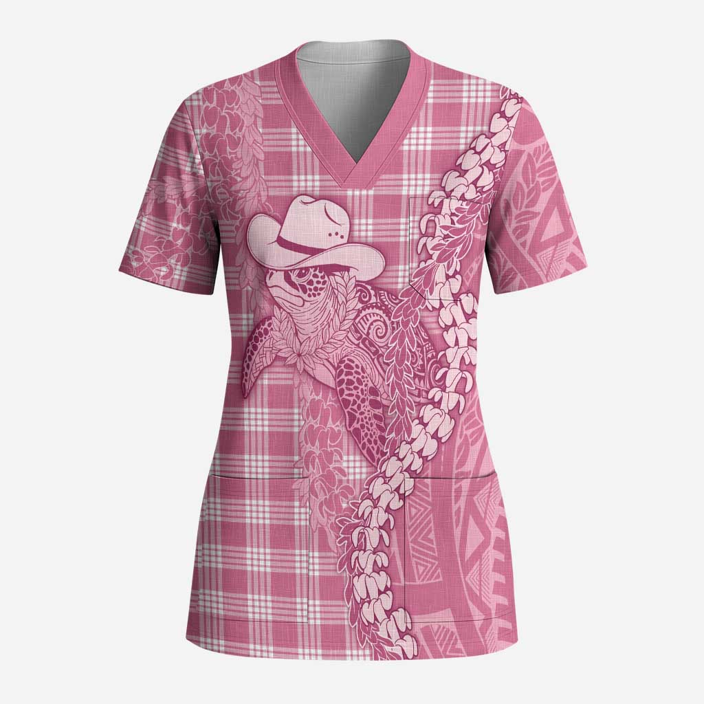 Pink Hawaii Palaka Cowboy Turtle Scrub Top Hawaiian Paniolo Puakenikeni Maile Lei DT05 Adult Pink - Polynesian Pride