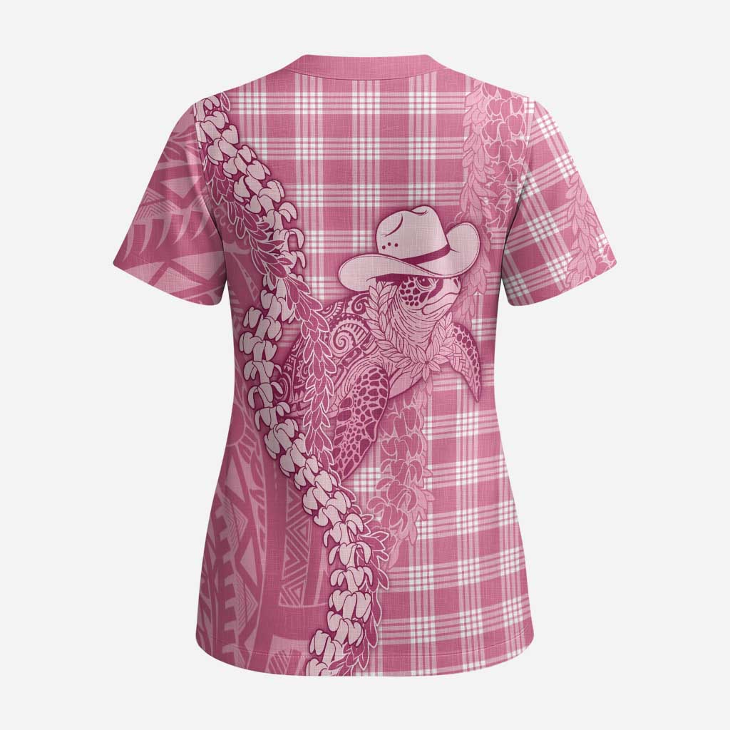 Pink Hawaii Palaka Cowboy Turtle Scrub Top Hawaiian Paniolo Puakenikeni Maile Lei DT05 - Polynesian Pride