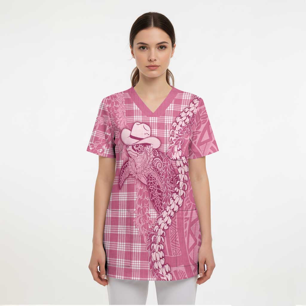 Pink Hawaii Palaka Cowboy Turtle Scrub Top Hawaiian Paniolo Puakenikeni Maile Lei DT05 - Polynesian Pride