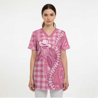 Pink Hawaii Palaka Cowboy Turtle Scrub Top Hawaiian Paniolo Puakenikeni Maile Lei DT05 - Polynesian Pride
