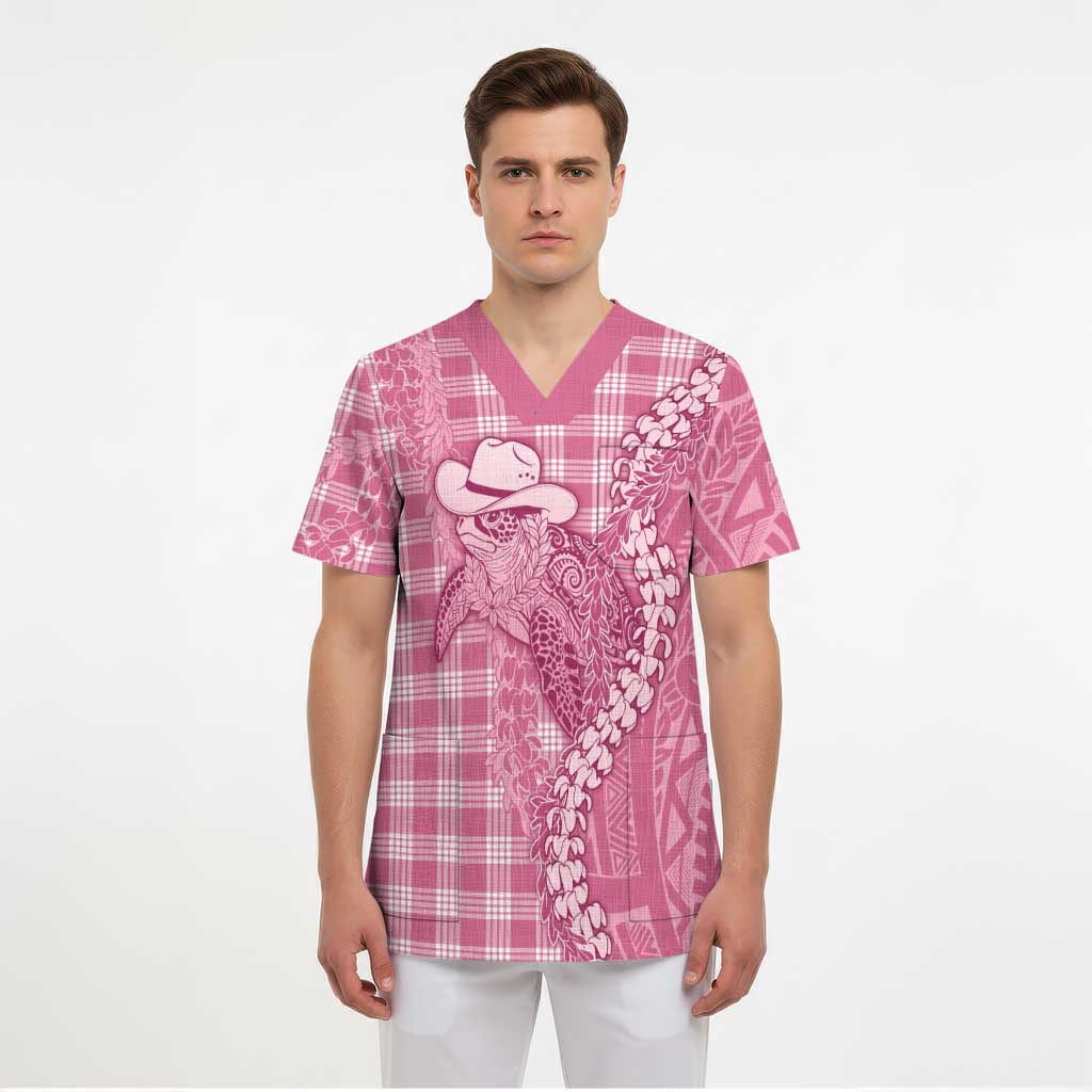 Pink Hawaii Palaka Cowboy Turtle Scrub Top Hawaiian Paniolo Puakenikeni Maile Lei DT05 - Polynesian Pride