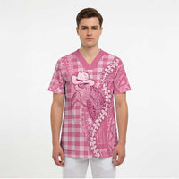 Pink Hawaii Palaka Cowboy Turtle Scrub Top Hawaiian Paniolo Puakenikeni Maile Lei DT05 - Polynesian Pride
