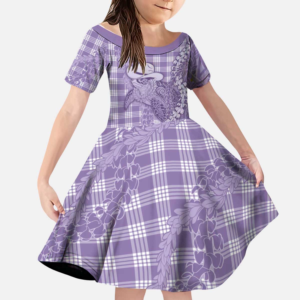 Purple Hawaii Palaka Cowboy Turtle Kid Short Sleeve Dress Hawaiian Paniolo Puakenikeni Maile Lei DT05 KID Purple - Polynesian Pride