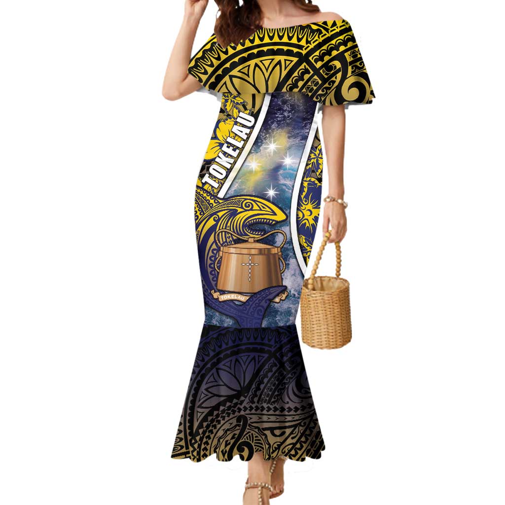Personalised Tokelau Mermaid Dress National Badge Waves Style DT05 Women Yellow - Polynesian Pride