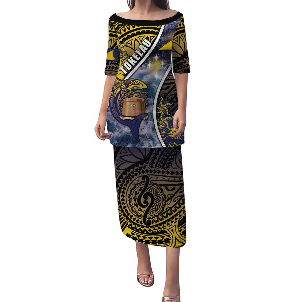 Personalised Tokelau Puletasi National Badge Waves Style DT05 Long Dress Yellow - Polynesian Pride