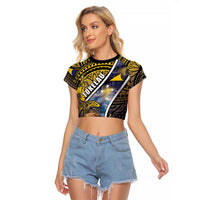 Personalised Tokelau Raglan Cropped T Shirt National Badge Waves Style DT05 Female Yellow - Polynesian Pride