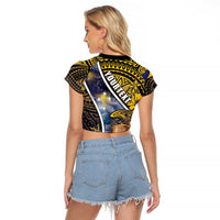 Personalised Tokelau Raglan Cropped T Shirt National Badge Waves Style DT05 - Polynesian Pride