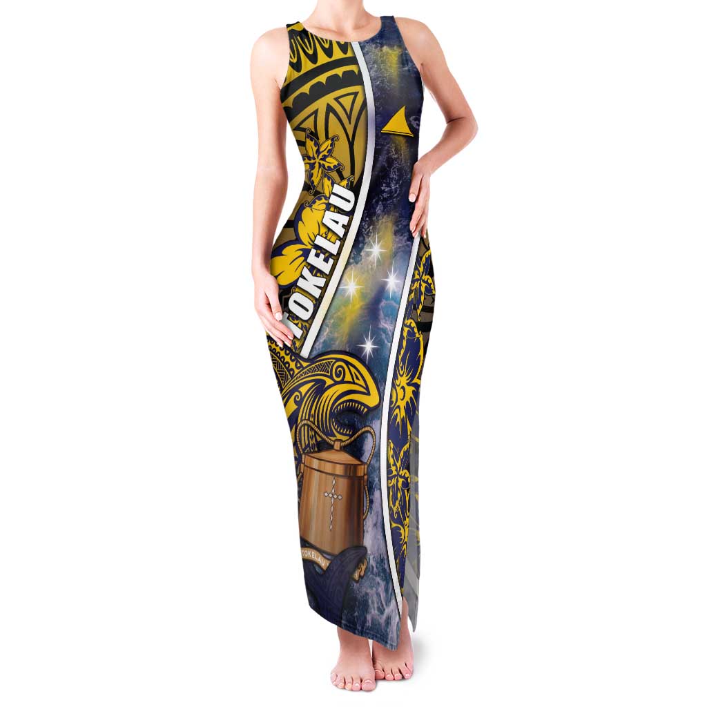 Personalised Tokelau Tank Maxi Dress National Badge Waves Style DT05 Women Yellow - Polynesian Pride