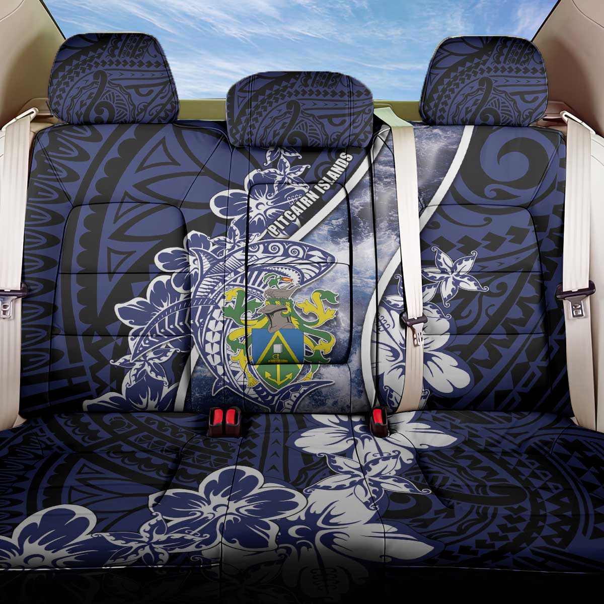 Pitcairn Islands Back Car Seat Cover Coat Of Arms Waves Style DT05 One Size Navy - Polynesian Pride