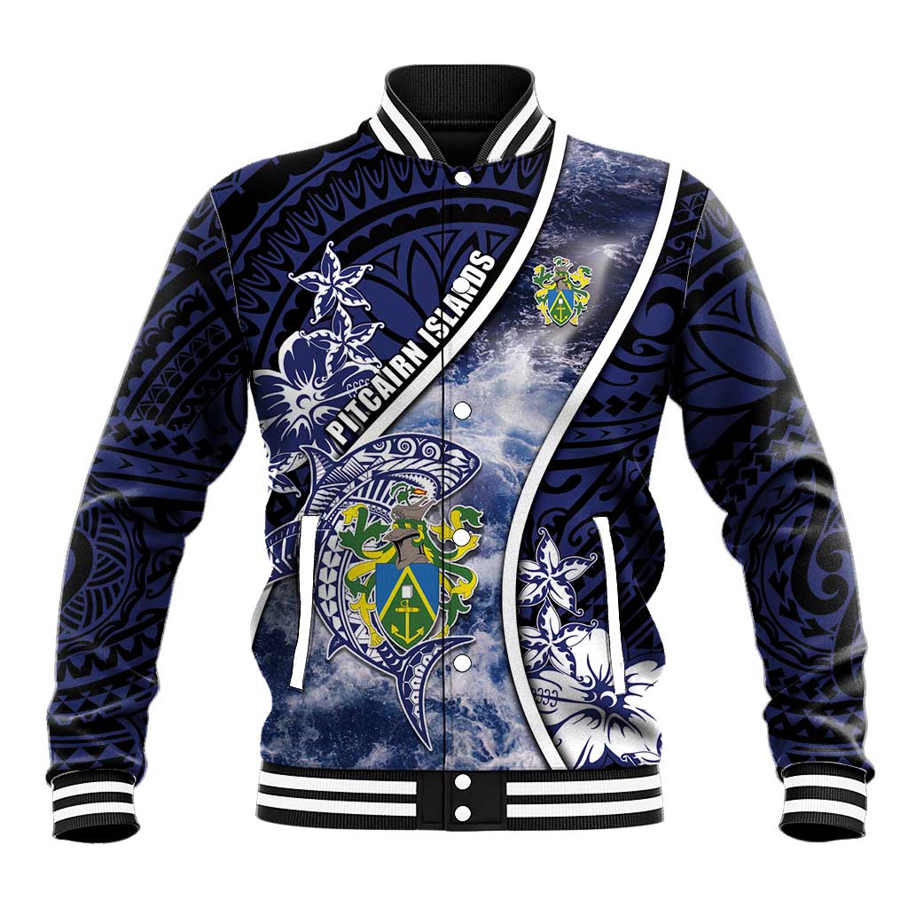 Personalised Pitcairn Islands Baseball Jacket Coat Of Arms Waves Style DT05 Unisex Navy - Polynesian Pride
