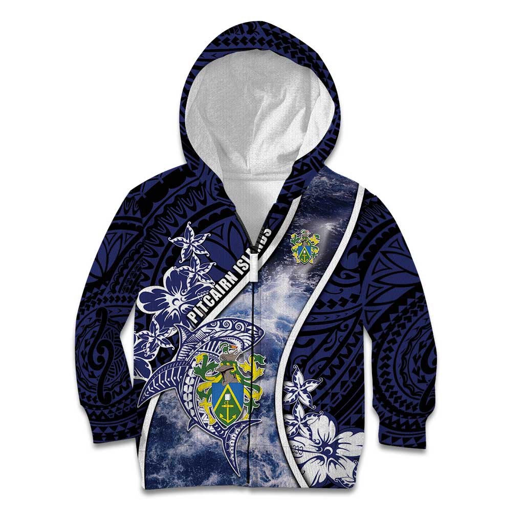 Personalised Pitcairn Islands Kid Hoodie Coat Of Arms Waves Style DT05 Zip Hoodie Navy - Polynesian Pride