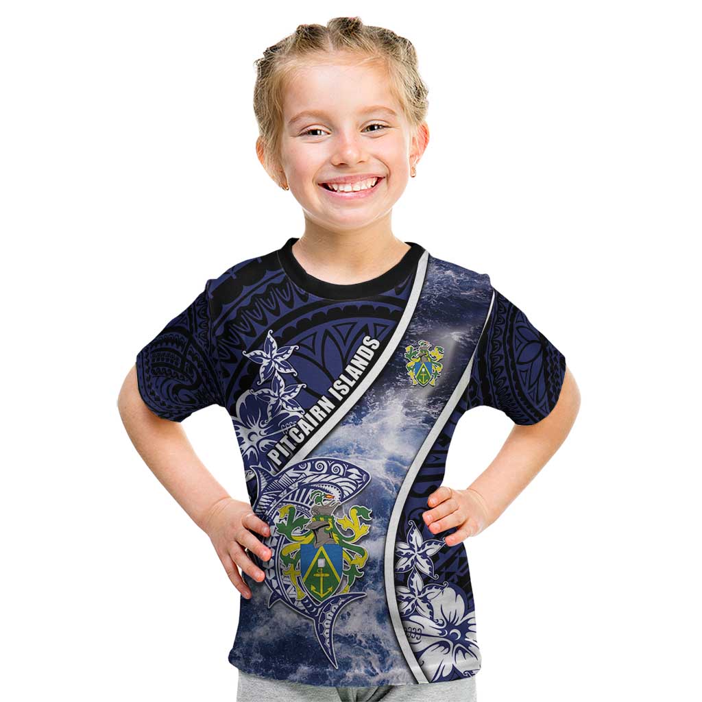 Personalised Pitcairn Islands Kid T Shirt Coat Of Arms Waves Style DT05 Navy - Polynesian Pride