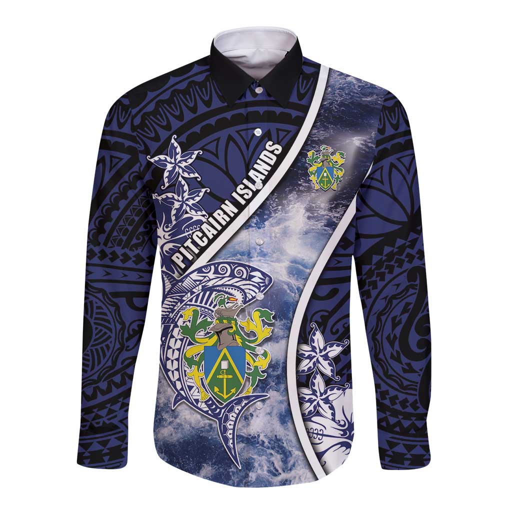 Personalised Pitcairn Islands Long Sleeve Button Shirt Coat Of Arms Waves Style DT05 Unisex Navy - Polynesian Pride