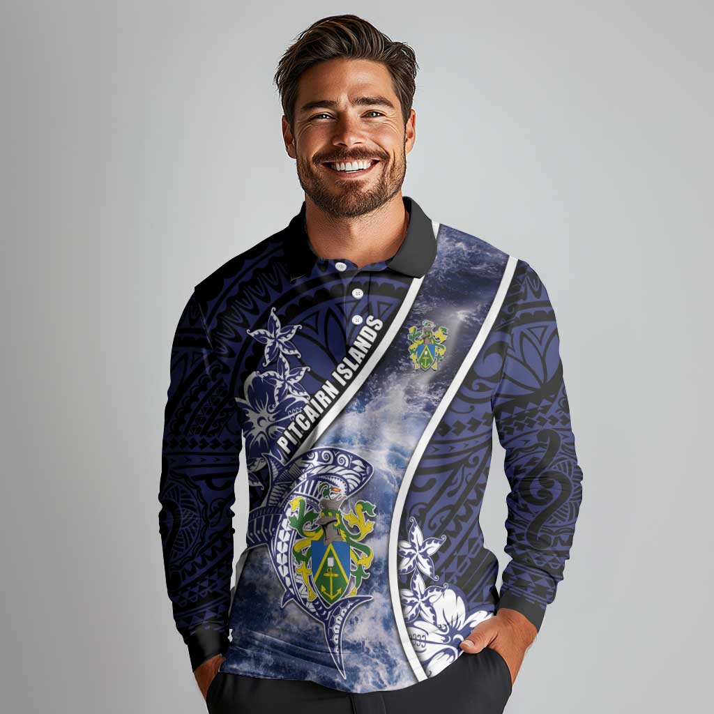 Personalised Pitcairn Islands Long Sleeve Polo Shirt Coat Of Arms Waves Style DT05 - Polynesian Pride