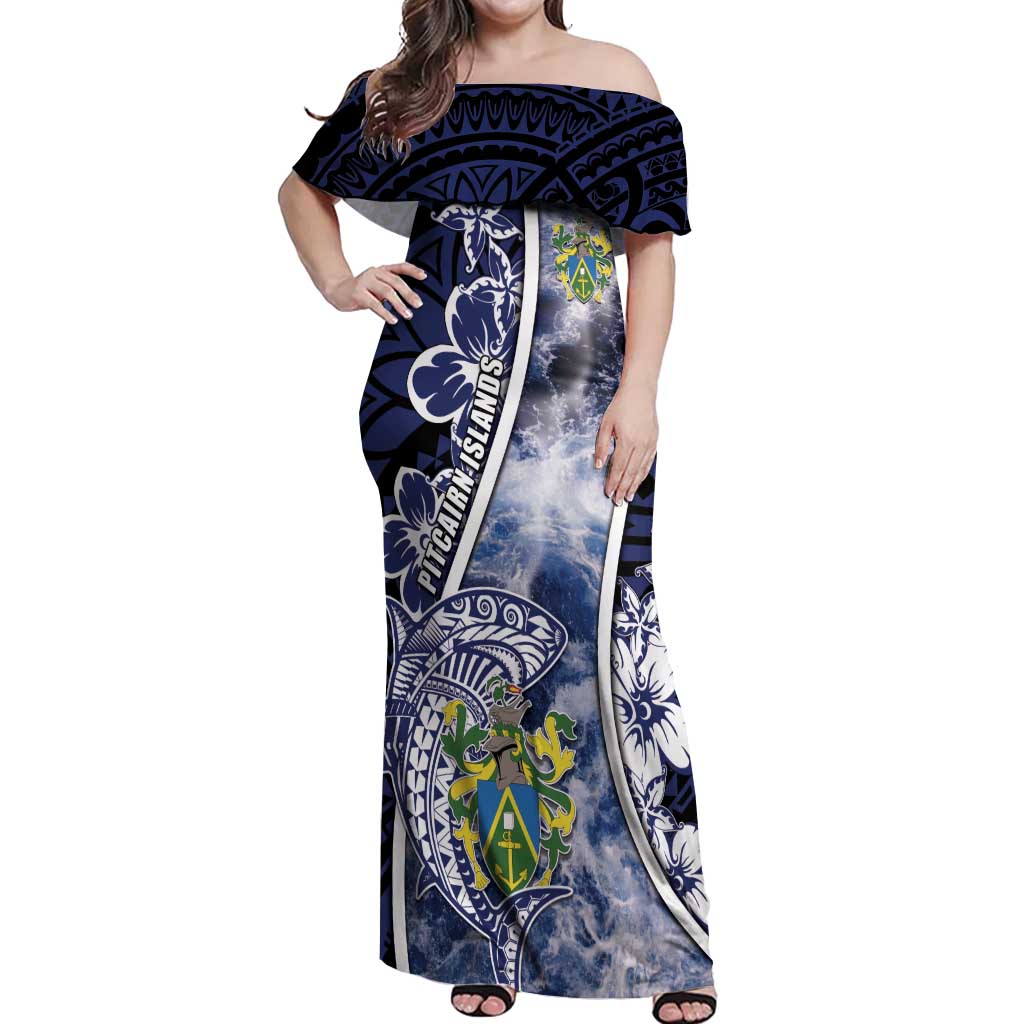 Personalised Pitcairn Islands Off Shoulder Maxi Dress Coat Of Arms Waves Style DT05 Women Navy - Polynesian Pride