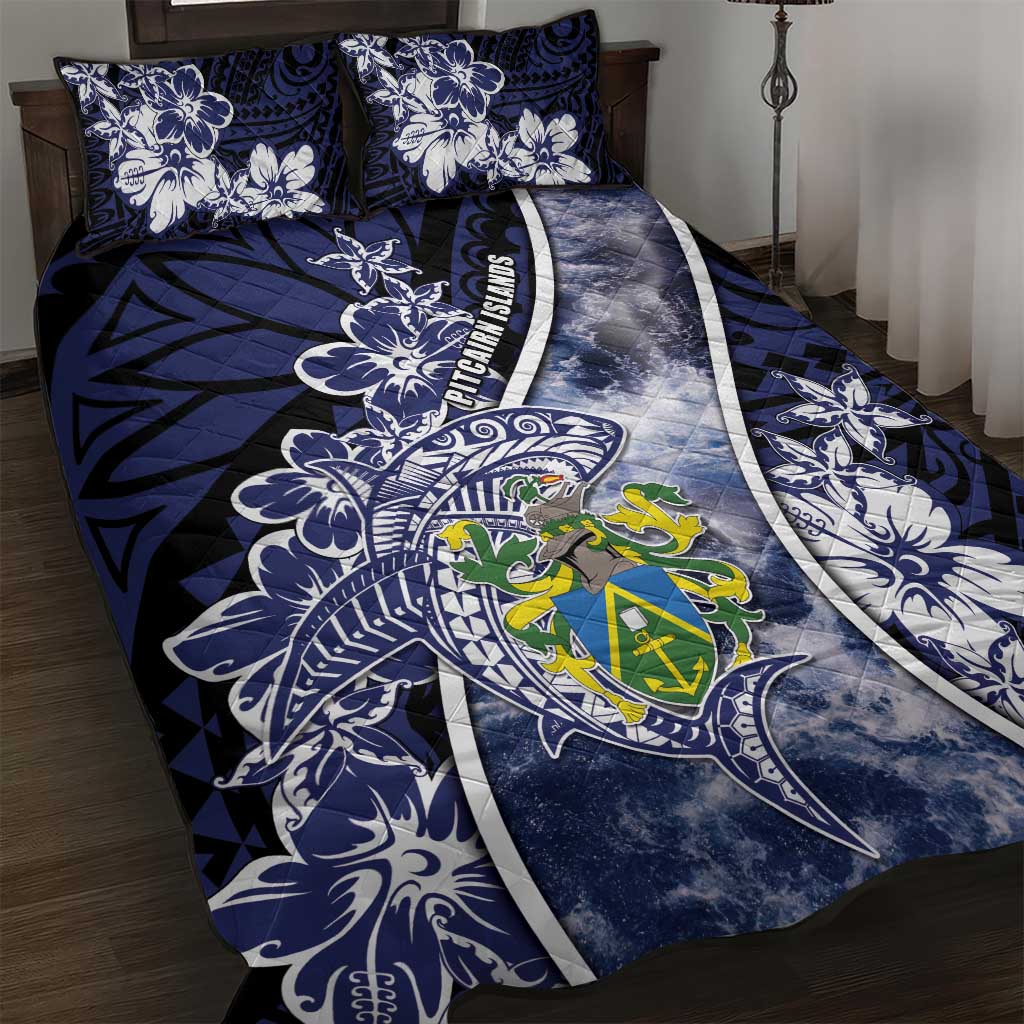 Pitcairn Islands Quilt Bed Set Coat Of Arms Waves Style DT05 Navy - Polynesian Pride