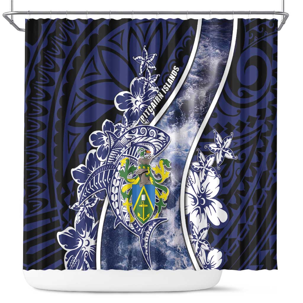 Pitcairn Islands Shower Curtain Coat Of Arms Waves Style DT05 Navy - Polynesian Pride