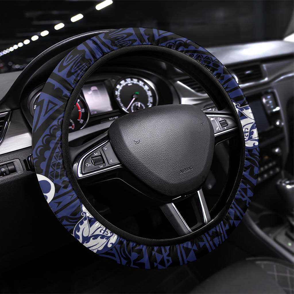 Pitcairn Islands Steering Wheel Cover Coat Of Arms Waves Style DT05 Universal Fit Navy - Polynesian Pride