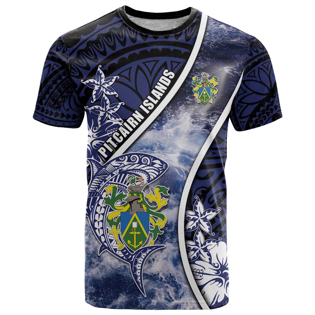 Personalised Pitcairn Islands T Shirt Coat Of Arms Waves Style DT05 Navy - Polynesian Pride
