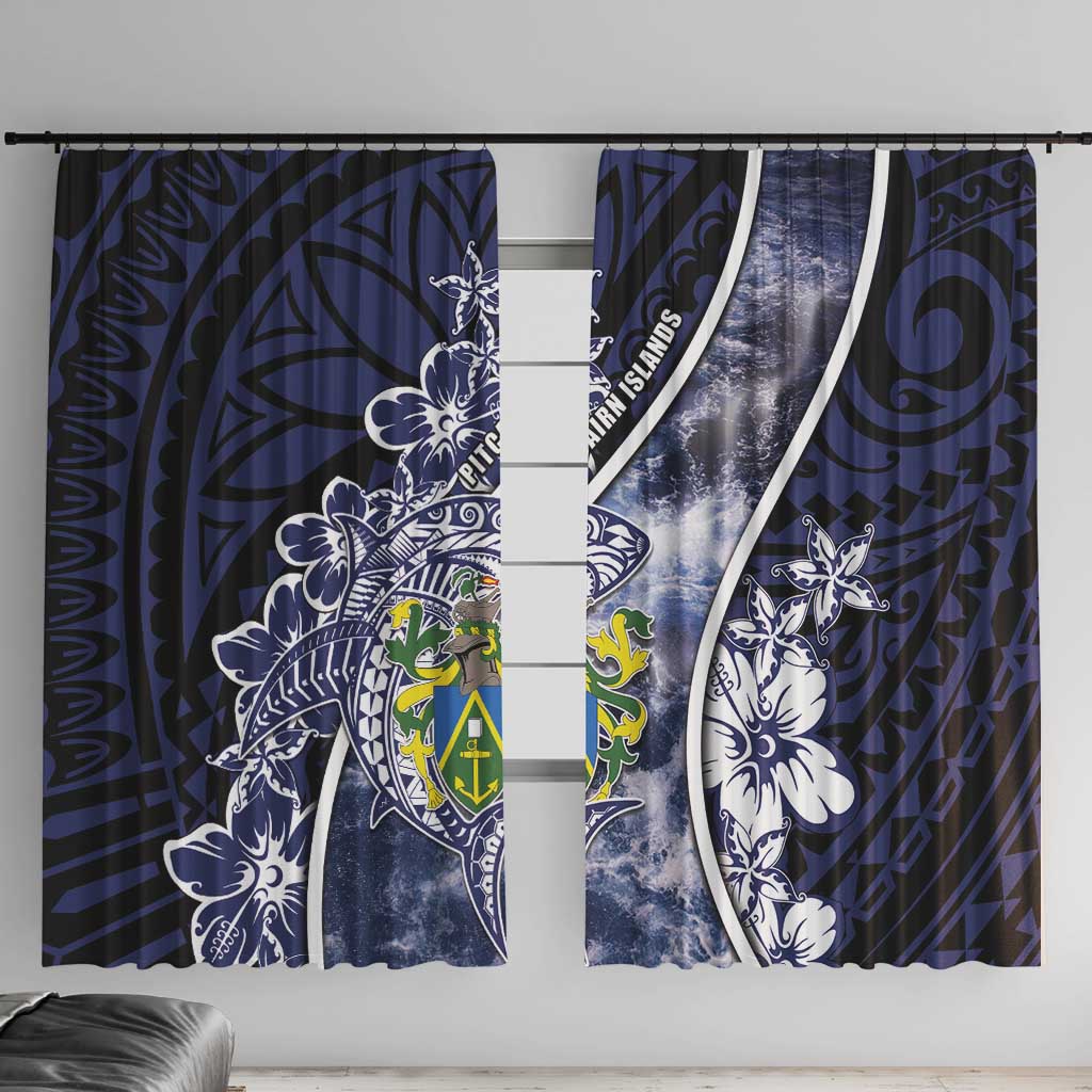 Pitcairn Islands Window Curtain Coat Of Arms Waves Style DT05 With Hooks Navy - Polynesian Pride