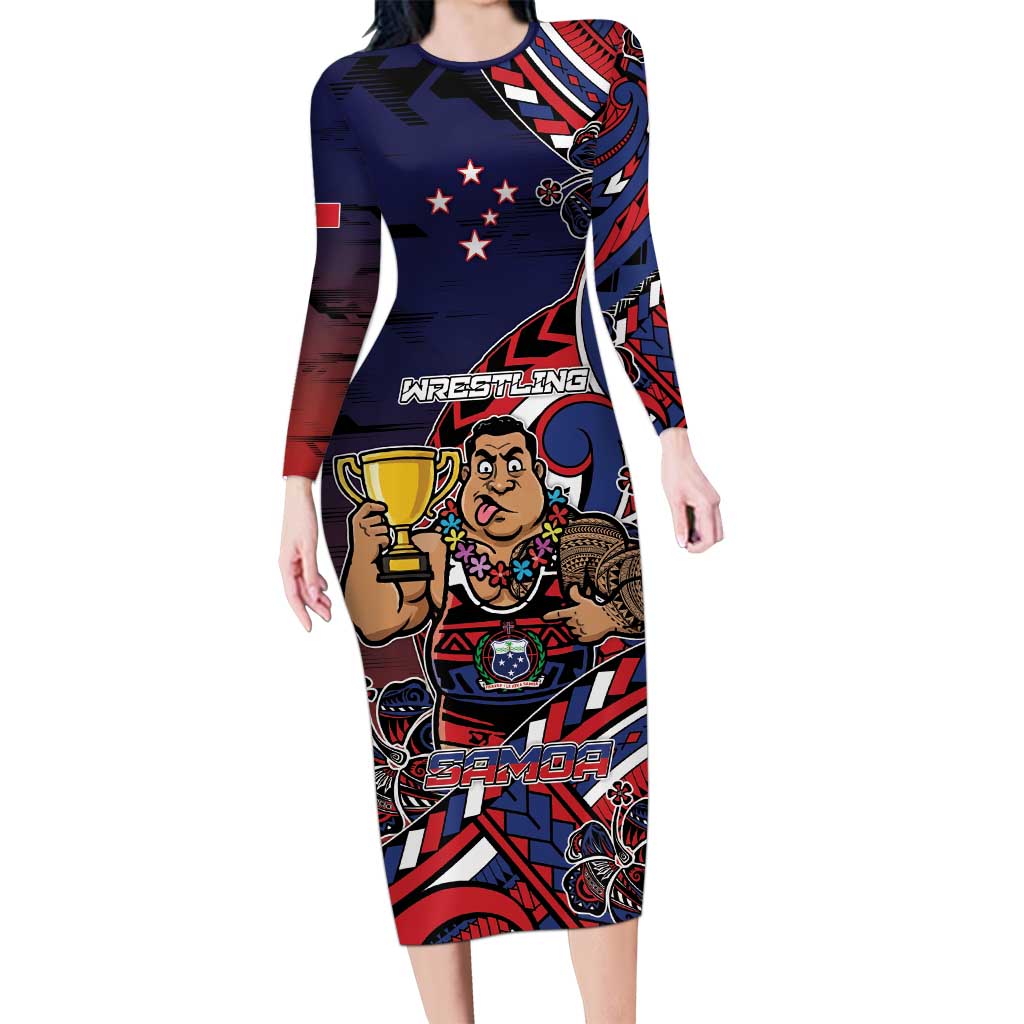 Personalised Samoa Wrestling Long Sleeve Bodycon Dress Polynesian Warrior Funny Style DT05 Long Dress Navy - Polynesian Pride