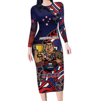 Personalised Samoa Wrestling Long Sleeve Bodycon Dress Polynesian Warrior Funny Style DT05 Long Dress Navy - Polynesian Pride