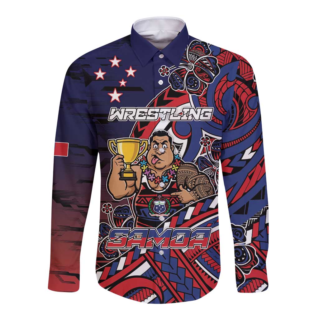 Personalised Samoa Wrestling Long Sleeve Button Shirt Polynesian Warrior Funny Style DT05 Unisex Navy - Polynesian Pride