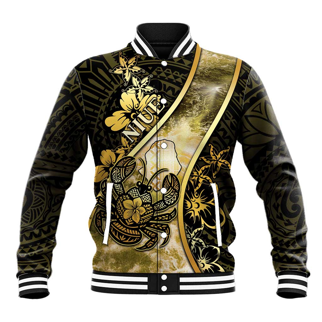 Personalised Niue Baseball Jacket Niuean Crab Waves Style DT05 Unisex Gold - Polynesian Pride
