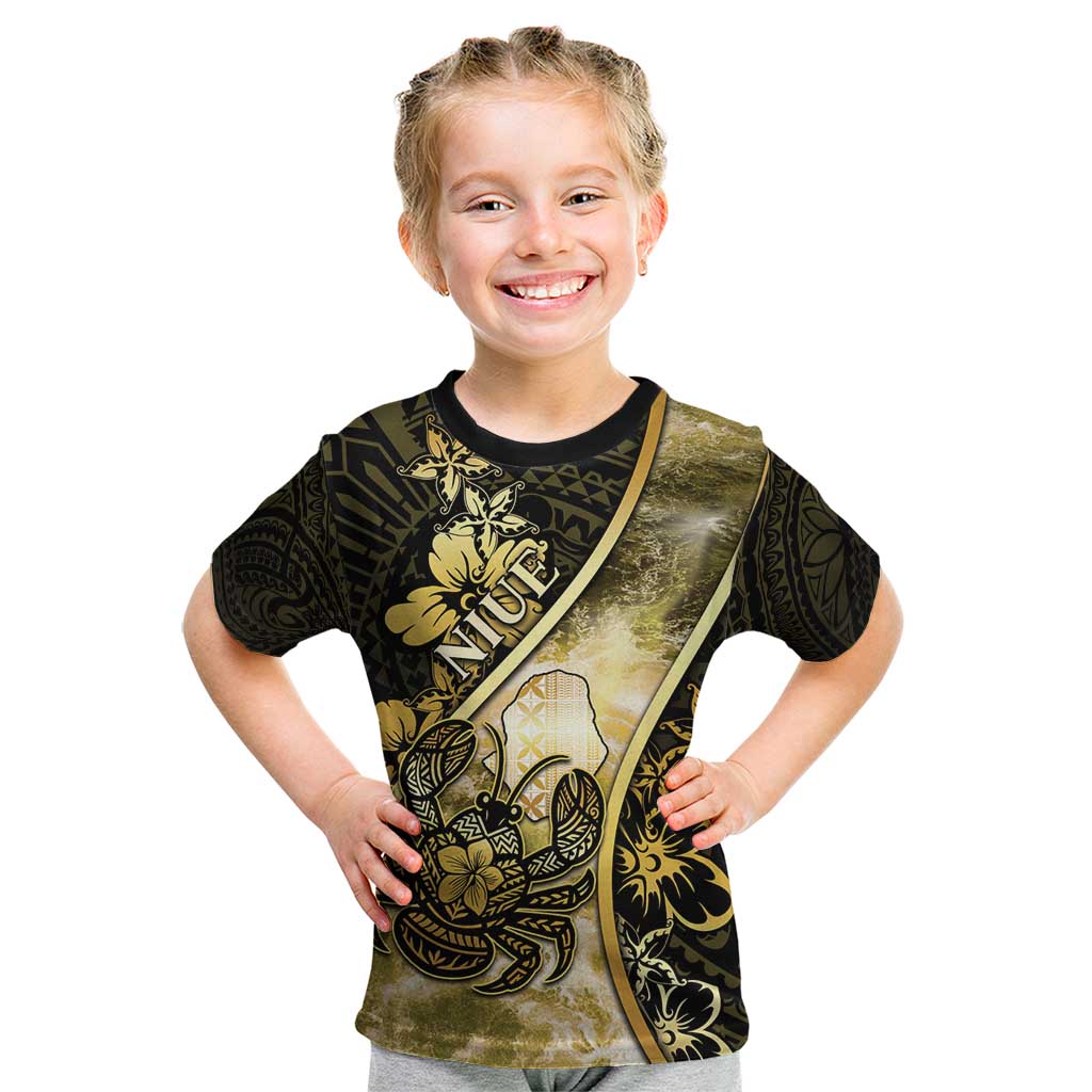Personalised Niue Kid T Shirt Niuean Crab Waves Style DT05 Gold - Polynesian Pride