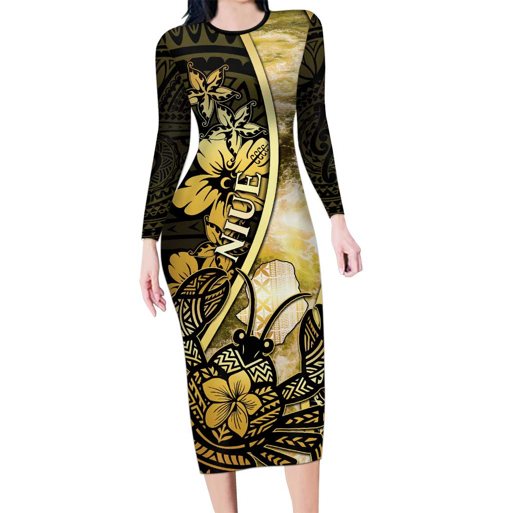 Personalised Niue Long Sleeve Bodycon Dress Niuean Crab Waves Style DT05 Long Dress Gold - Polynesian Pride
