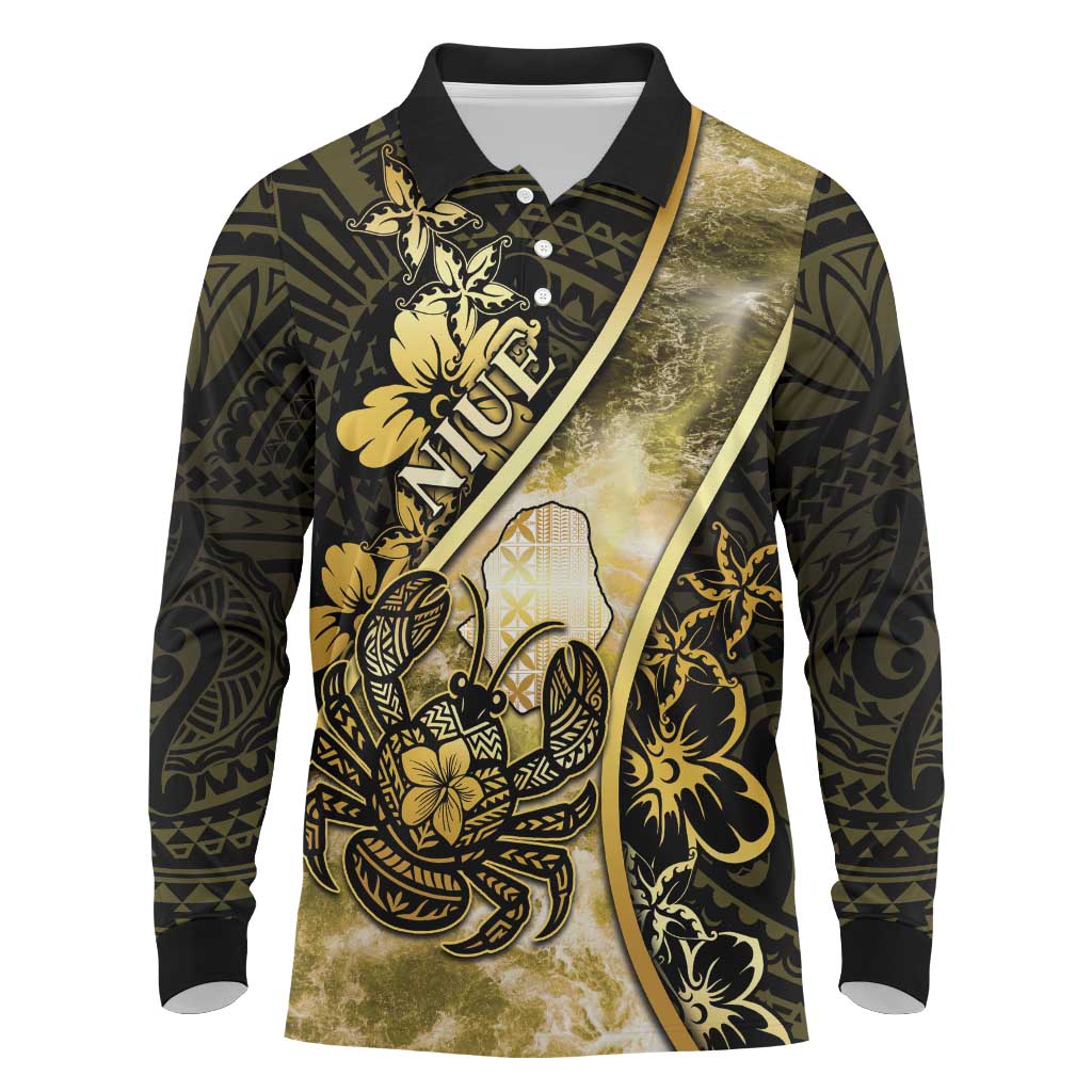 Personalised Niue Long Sleeve Polo Shirt Niuean Crab Waves Style DT05 Gold - Polynesian Pride