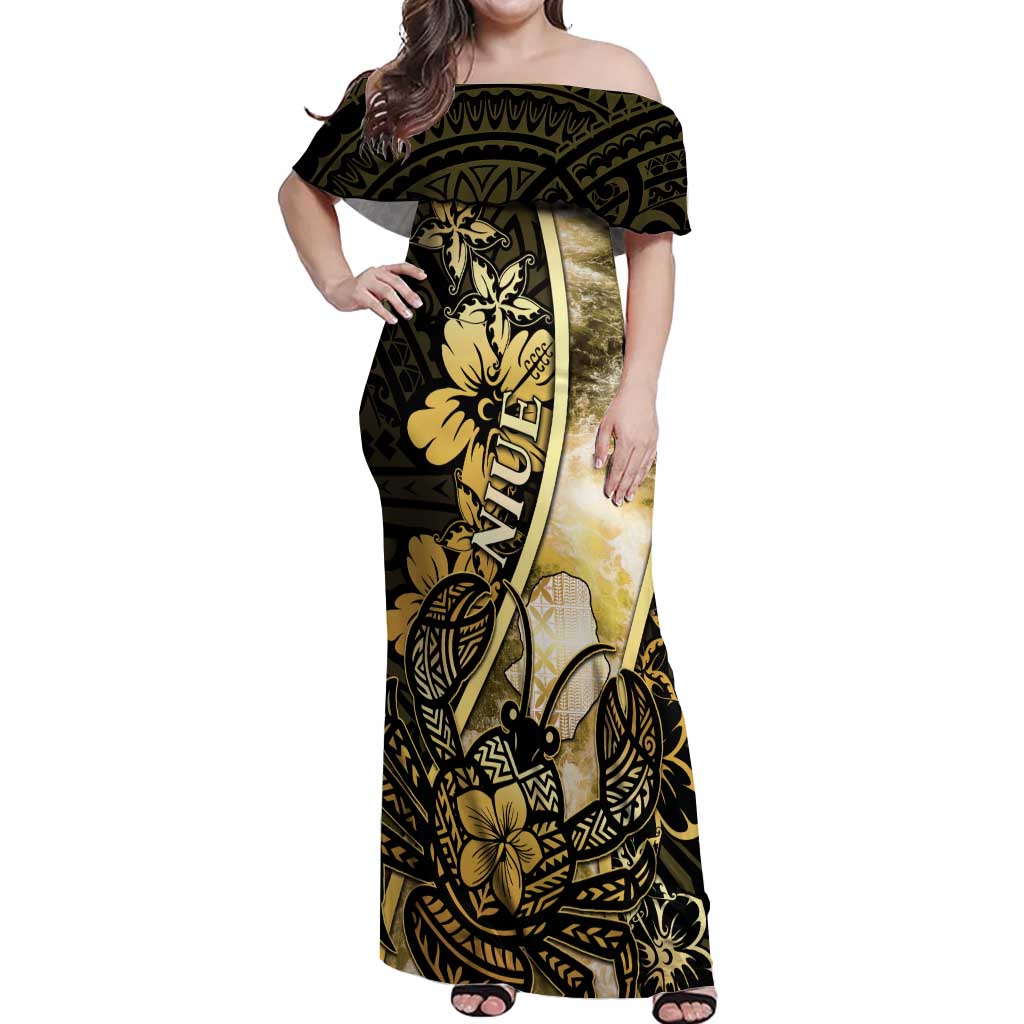 Personalised Niue Off Shoulder Maxi Dress Niuean Crab Waves Style DT05 Women Gold - Polynesian Pride